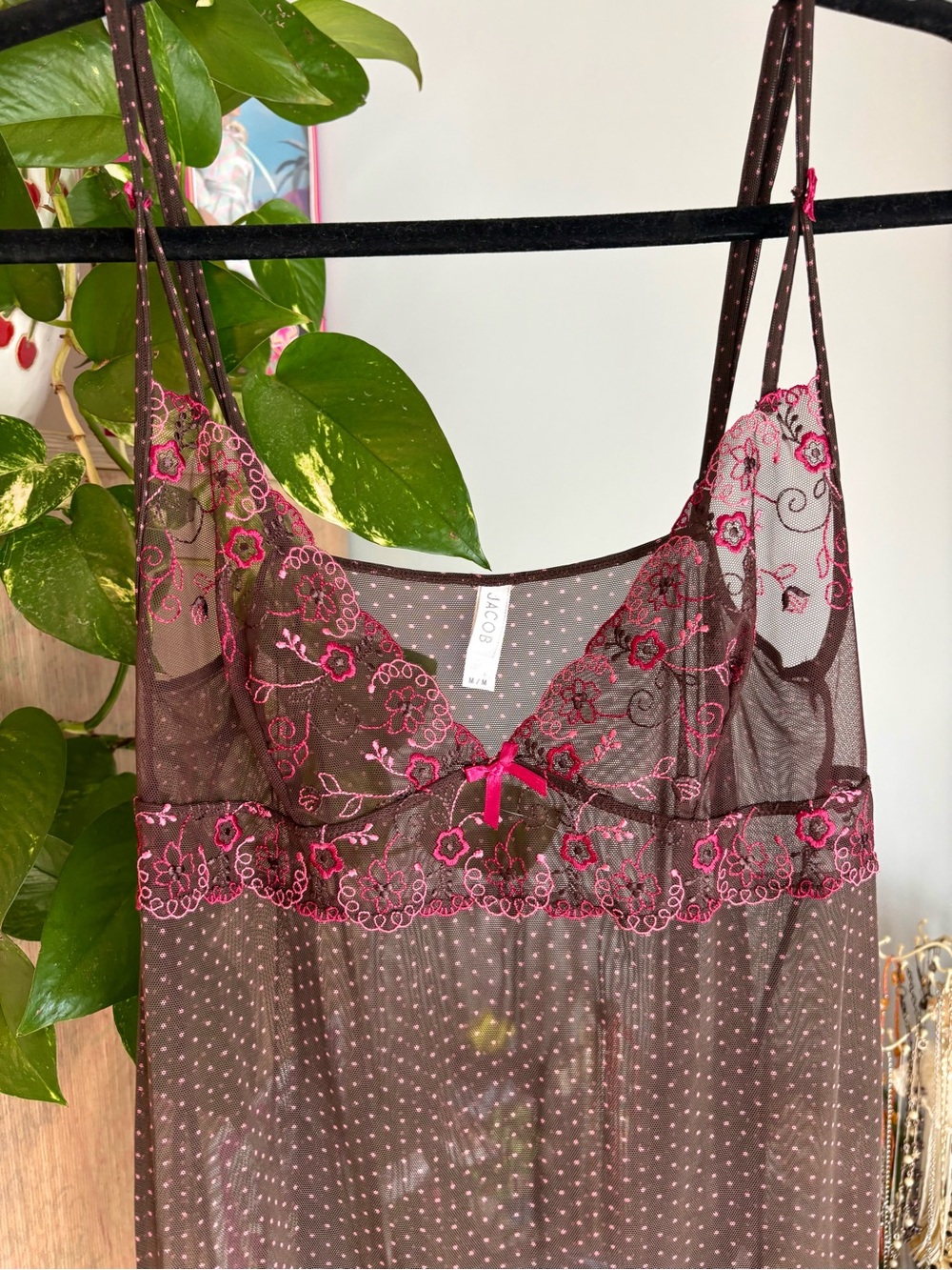 Vintage Pink Floor Sheer Brown Embroidered Lace Babydoll Chemise